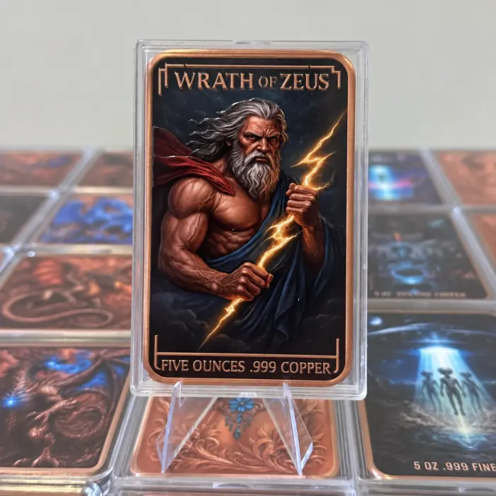 2026 Wrath of Zeus Power of Gods 5 Oz .999 Copper Colourised Art Bar In Capsule