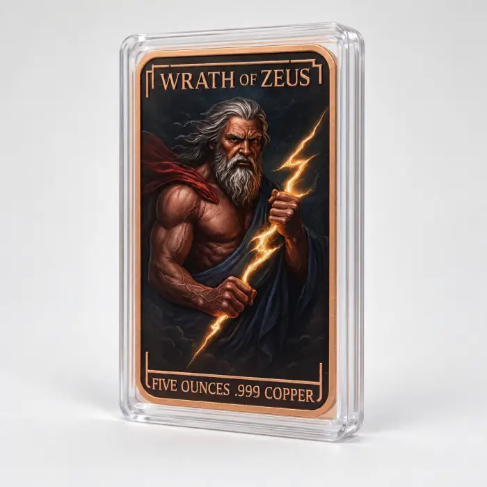 2026 Wrath of Zeus Power of Gods 5 Oz .999 Copper Colourised Art Bar In Capsule