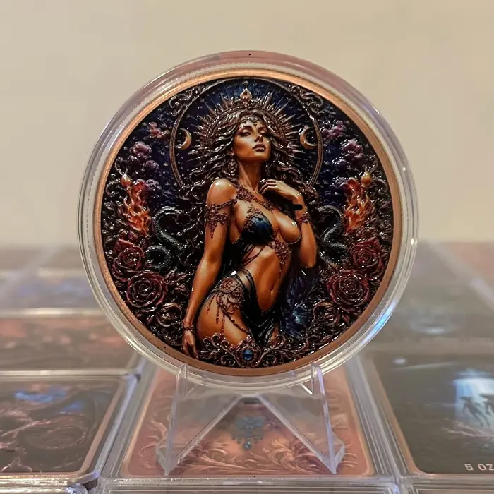 2026 Moonfire Serpent Goddess 5 Oz .999 Fine Copper Colourised Art Round Capsule