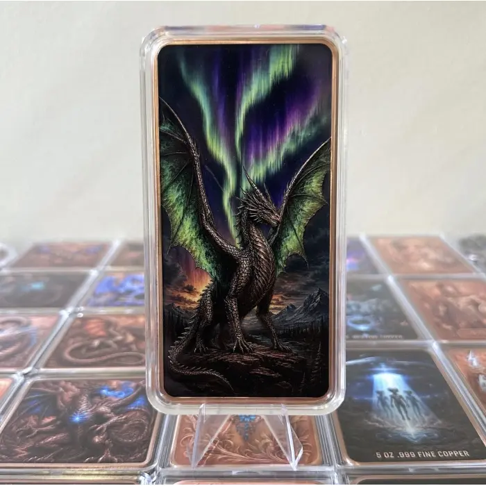 2026 Northern Lights Dragon 10 Oz .999 Fine Copper Colourised Art Bar In Capsule