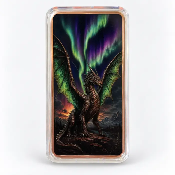2026 Northern Lights Dragon 10 Oz .999 Fine Copper Colourised Art Bar In Capsule