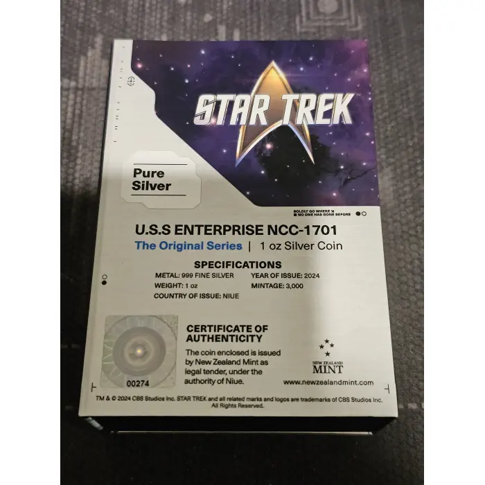 ENTERPRISE NCC 1701 Star Trek 1 Oz Moneta Argento 2$ Niue 2024