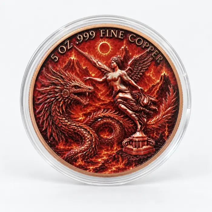 Fire Dragon Goddess Libertad Style 5Oz .999 Fine Copper Colourised Round Capsule