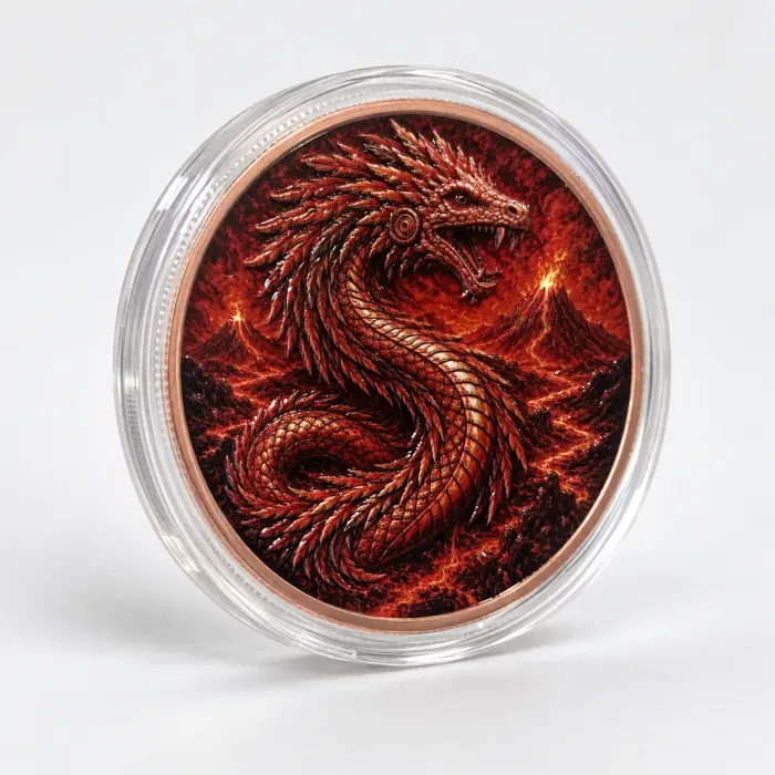 Fire Dragon Goddess Libertad Style 5Oz .999 Fine Copper Colourised Round Capsule