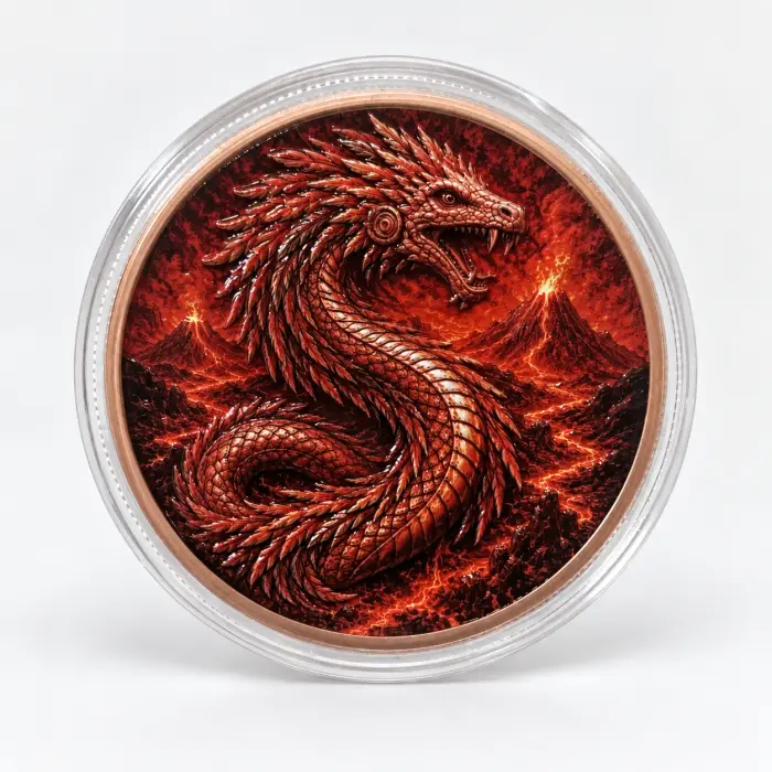 Fire Dragon Goddess Libertad Style 5Oz .999 Fine Copper Colourised Round Capsule