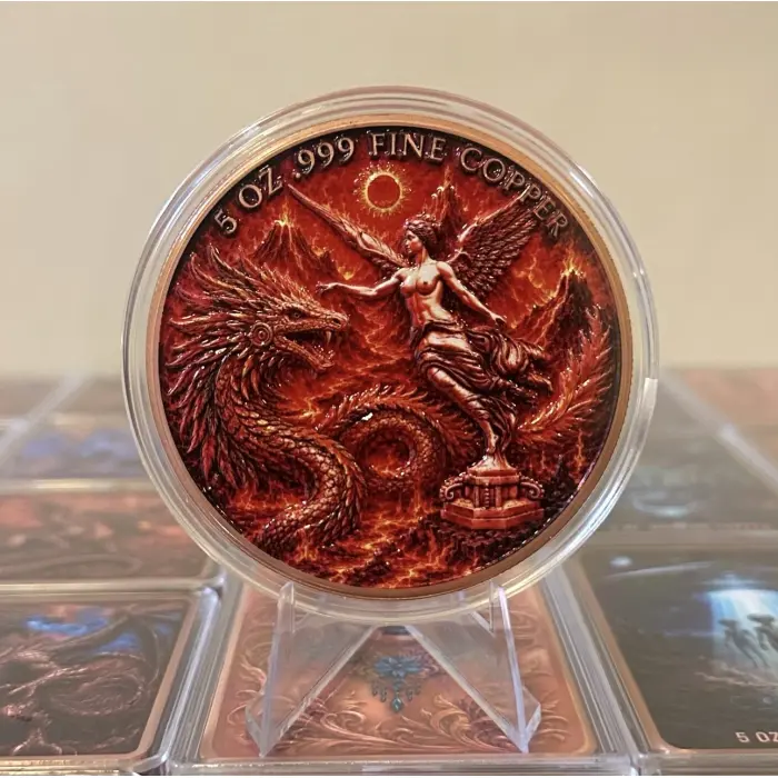 Fire Dragon Goddess Libertad Style 5Oz .999 Fine Copper Colourised Round Capsule