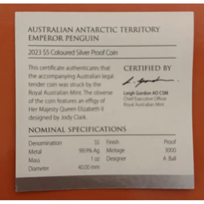 2023 Emperor Penguin $5 Coloured 1oz Silver Proof Coin