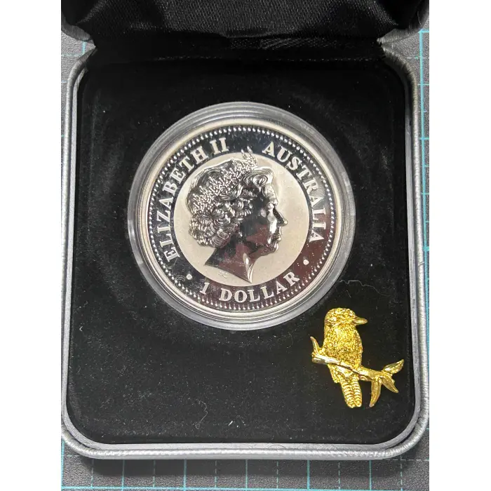 2005 Perth Mint Kookaburra 1oz Gilded Kookaburra 1oz Silver Coin with Pin.