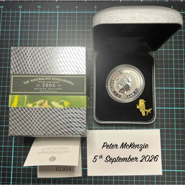 2005 Perth Mint Kookaburra 1oz Gilded Kookaburra 1oz Silver Coin with Pin.