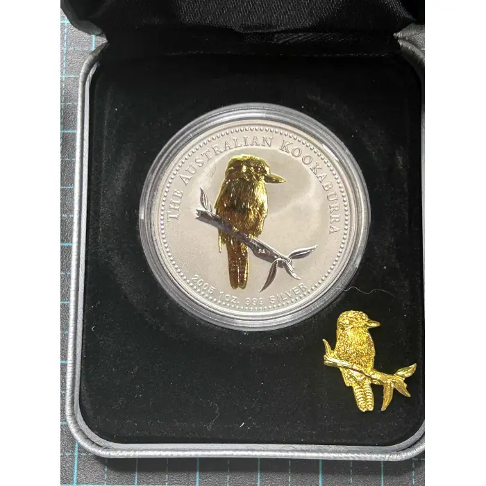 2005 Perth Mint Kookaburra 1oz Gilded Kookaburra 1oz Silver Coin with Pin.