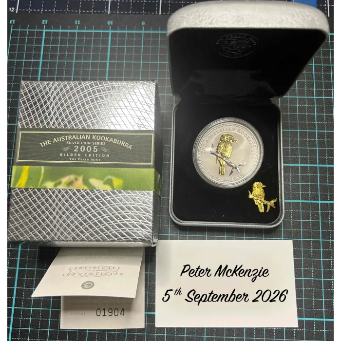 2005 Perth Mint Kookaburra 1oz Gilded Kookaburra 1oz Silver Coin with Pin.