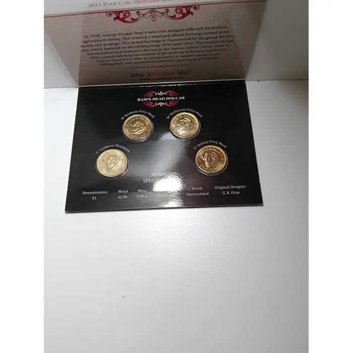 2011 Rams Head Set of 4 Coins $1 Dollar coins C, M, S, B M in RAM Folder - Unc