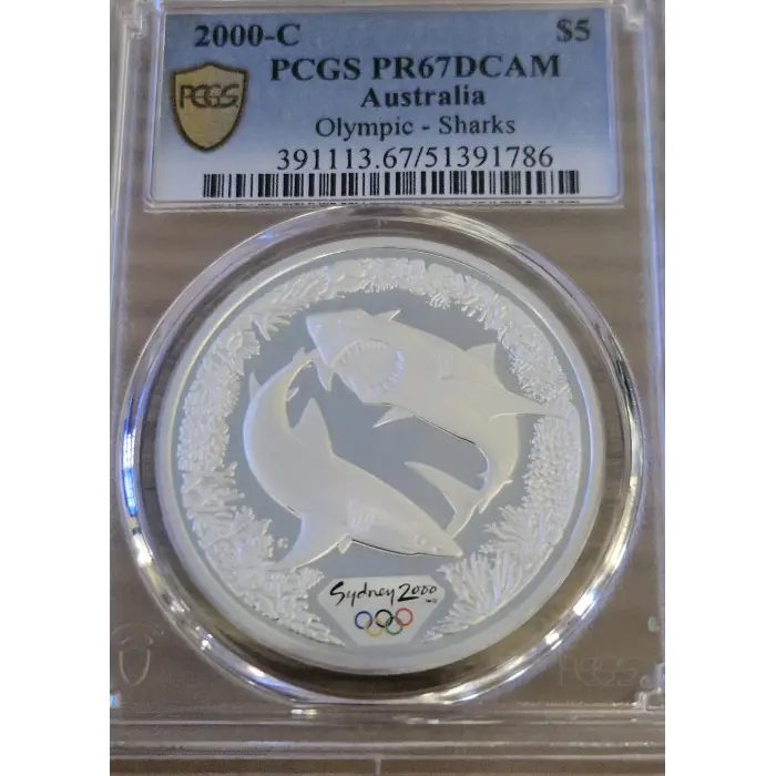 2000-C Australian Olympic $5 Sharks Silver Proof PCGS PR67DCAM