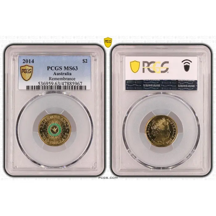 2014 Australia $2 Remembrance Day Green Dove PCGS MS63