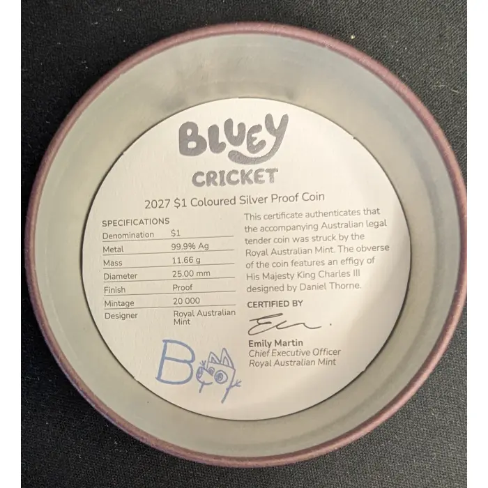 2027 $1 Bluey Coloured Silver Proof Coin - Rusty Cricket 