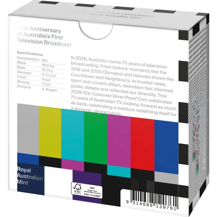 2026 50 cent - 70th Anniversary of First Television Broadcast 50 cent coloured Silver Proof Coin 7000 mintage