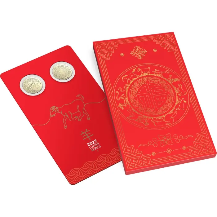 2027 $1 Lunar Series - Year of the Goat AlBr Two Coin Set 2 Coin Set in Red & Gold Card & Outer Sleeve