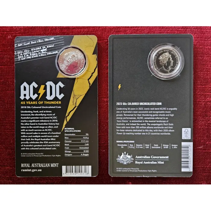 ⚡️ 2018 AND 2023 50c 45th AND 50th Anniversary of AC/DC x 2 Colour Carded Coins