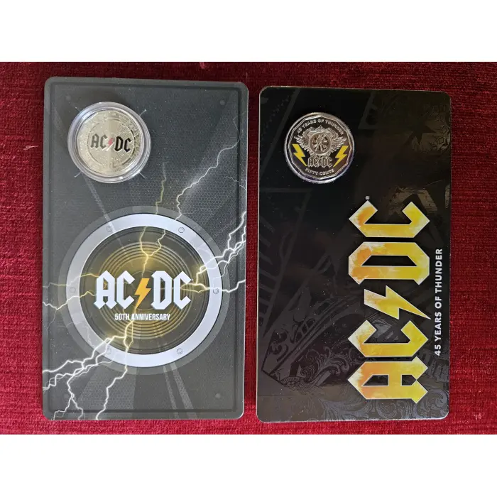 ⚡️ 2018 AND 2023 50c 45th AND 50th Anniversary of AC/DC x 2 Colour Carded Coins