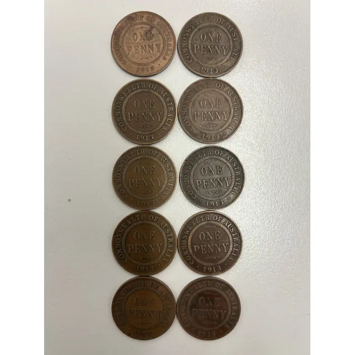 10x 1913 Australian Penny KGV Pre Decimal Coins | 2.52m Mintage | Job Lot