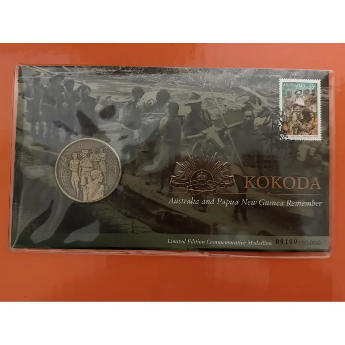 2010 PMC KOKODA Australia Papua New Guinea Remember Medallion + 55c Stamp
