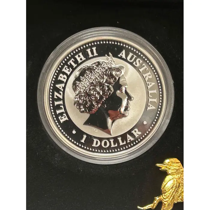 2004 Perth Mint $1 Kookaburra Gilded Kookaburra 1oz Silver Coin with Pin