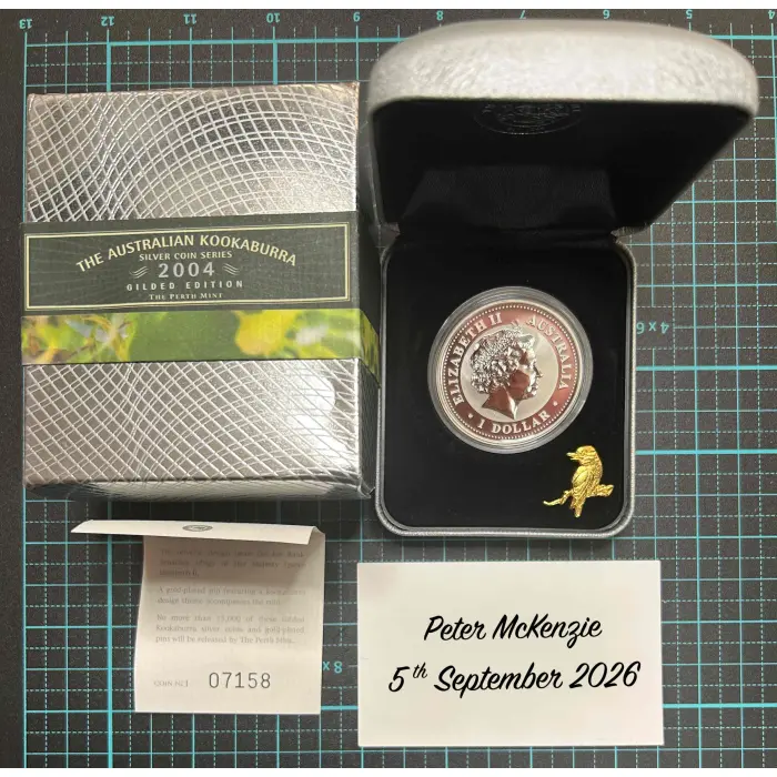 2004 Perth Mint $1 Kookaburra Gilded Kookaburra 1oz Silver Coin with Pin