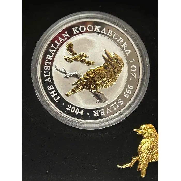 2004 Perth Mint $1 Kookaburra Gilded Kookaburra 1oz Silver Coin with Pin
