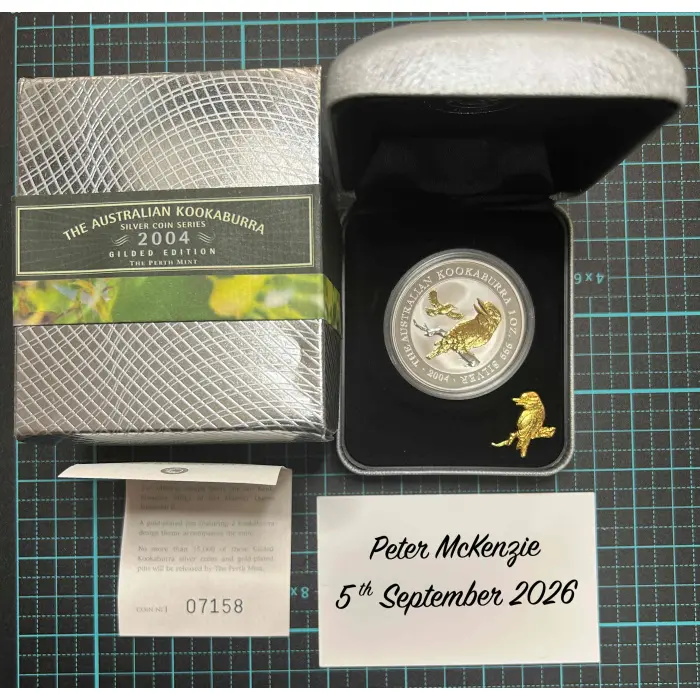 2004 Perth Mint $1 Kookaburra Gilded Kookaburra 1oz Silver Coin with Pin
