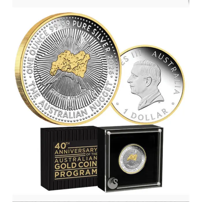 2026 $1 40th Anniversary of the Australian Nugget 1 Oz Silver Gilded Proof Coin 