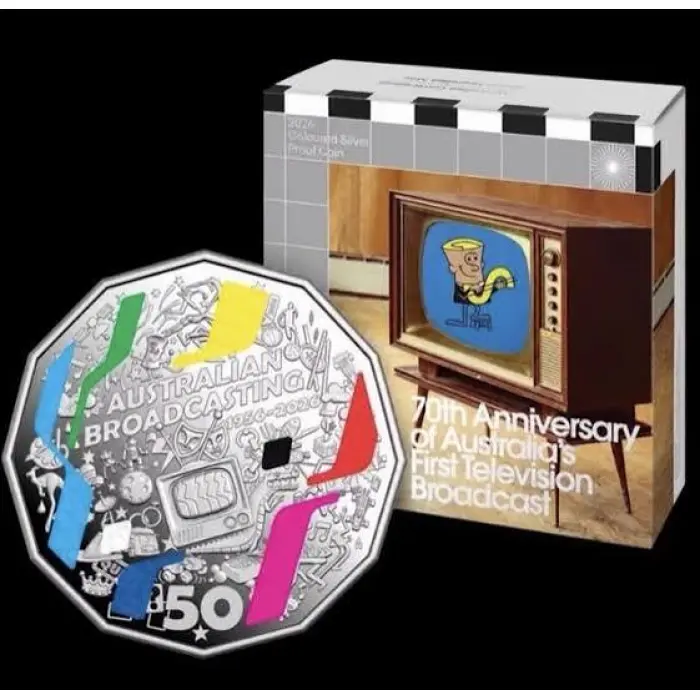 2026 50 cent - 70th Anniversary of First T V  Broadcast  coloured Silver Proof