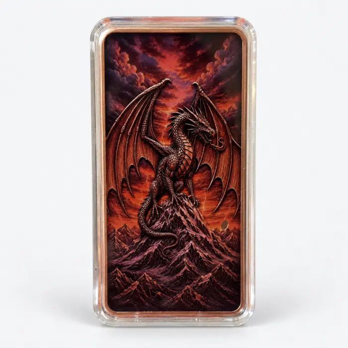 2026 Dragon Fire 10oz .999 Fine Copper Colourised High Relief Art Bar In Capsule