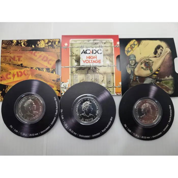 2020-2021 20c Coloured Unc. 7 Coin Boxed Set: "AC/DC - Volume 1."