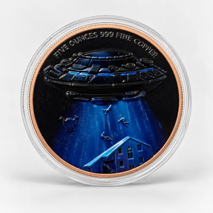 2026 Alien UFO Glow in the Dark 5 Oz .999 Copper Colourised Round In Capsule