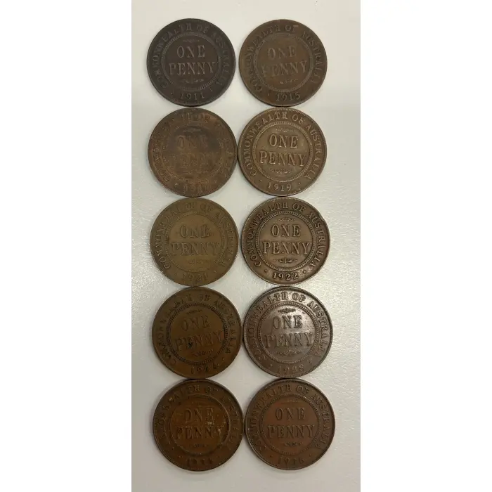 10 Australian KGV Pennies 1911-1936 | 10 Different Dates | Pre Decimal Coin Lot