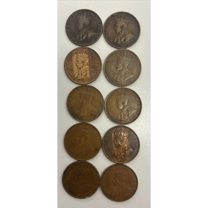 10 Australian KGV Pennies 1911-1936 | 10 Different Dates | Pre Decimal Coin Lot