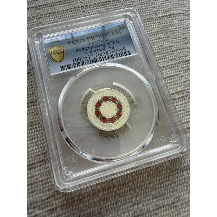 2025 - C Remembering WWII Poppy Wreath Silver Proof Colorized $2 PCGS PR70DCAM