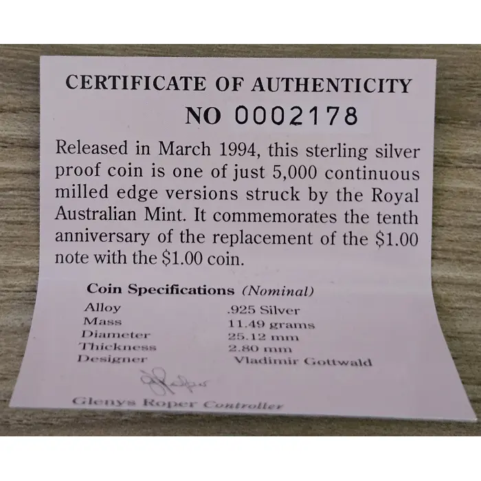 2010 $1 100 Years of Australian Coinage Silver Proof – B Privymark 