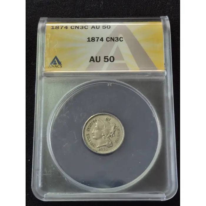 Rare 1874 United States Three-Cent Nickel (ANACS Certified AU 50)