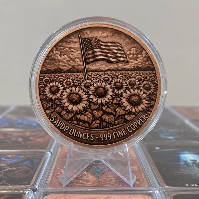 2026 Freedom Flower USA Sunflower 5 Oz .999 Copper Colourised Round In Capsule