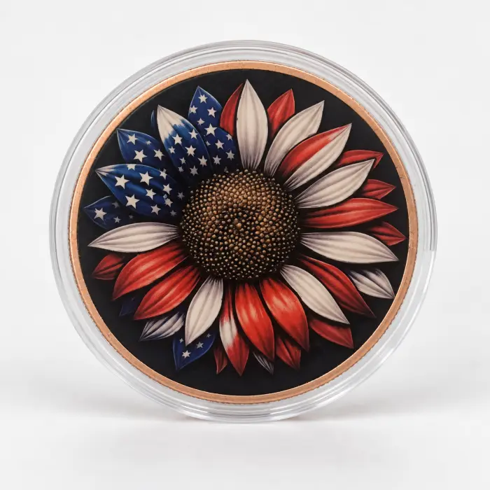2026 Freedom Flower USA Sunflower 5 Oz .999 Copper Colourised Round In Capsule