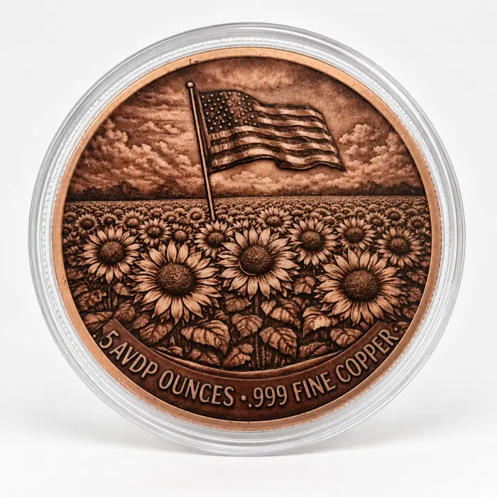 2026 Freedom Flower USA Sunflower 5 Oz .999 Copper Colourised Round In Capsule