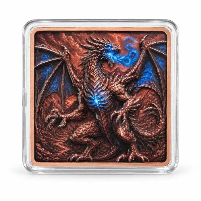 2026 Dragon Eye Flight Azure Flame Dragon 5 Oz .999 Fine Copper Art Bar Capsule