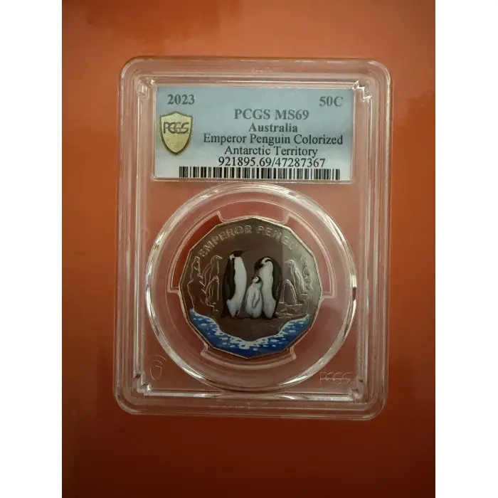 2023 Antarctic Territory Emperor Penguin Colourized 50c PCGS MS69