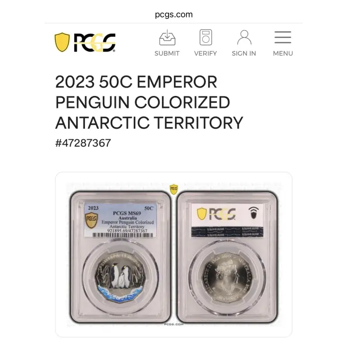 2023 Antarctic Territory Emperor Penguin Colourized 50c PCGS MS69