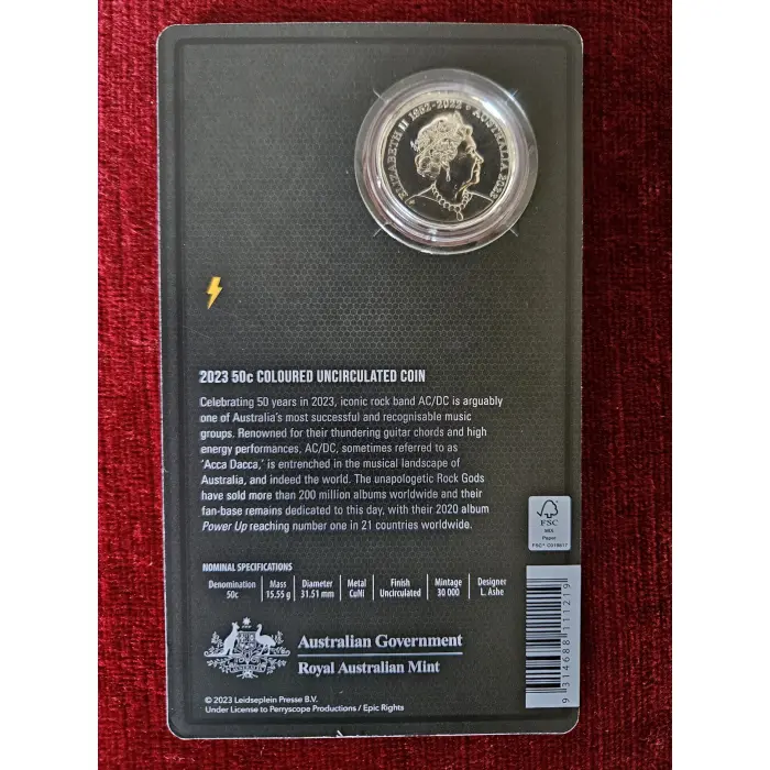 ⚡️ 2023 50c 50th Anniversary of AC/DC Carded Colour Unc Coin Mintage 30,000 ACDC