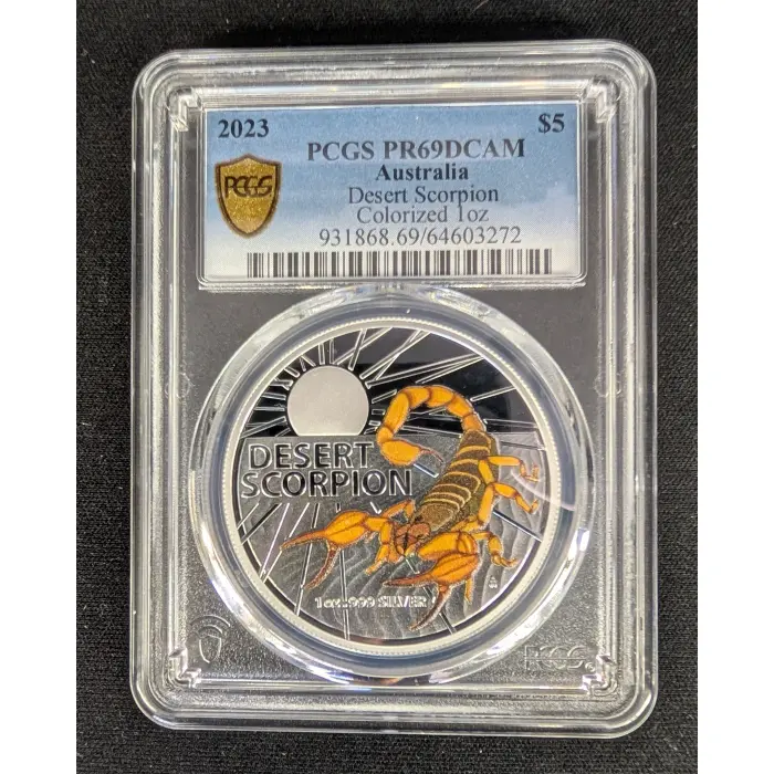 2023 $5 Desert Scorpion Colourised Silver Proof PR69