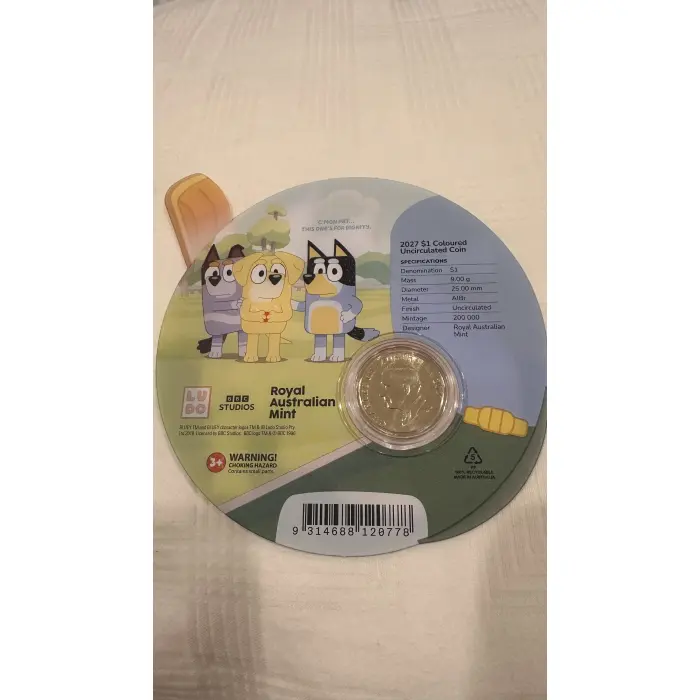 2027 BLUEY & BINGO CRICKET COLLECTABLE COLOURED UNC COIN ON CARD