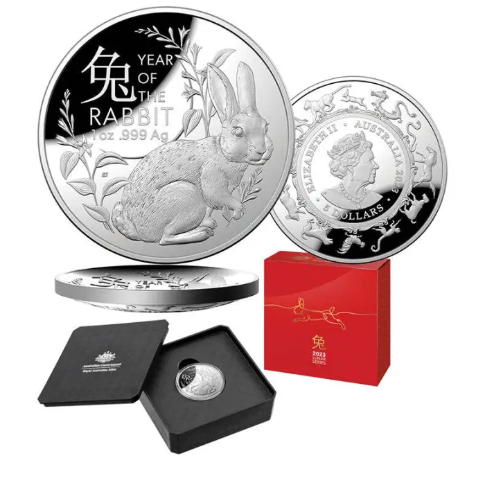 2023 $5 Domed Fine Silver Proof Coin – Year of the Rabbit RAM