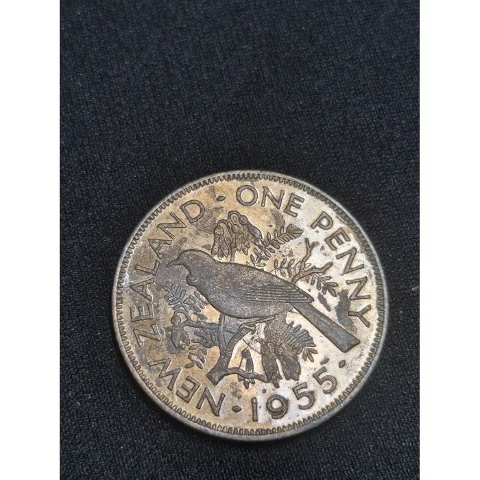 1955 New Zealand One Penny – Moderate Luster & Tōī Bird Design